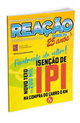 Capa da Revista Reação, edição comemorativa de 25 anos, com fundo amarelo vibrante e chamadas em azul e preto.